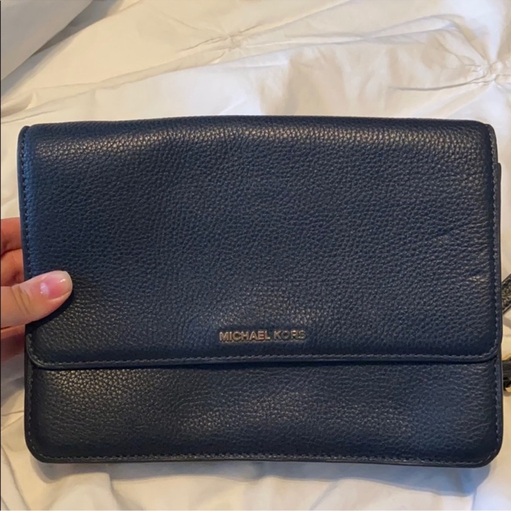 Michael Kors Authentic Blue/Black Side crossbody purse denim color